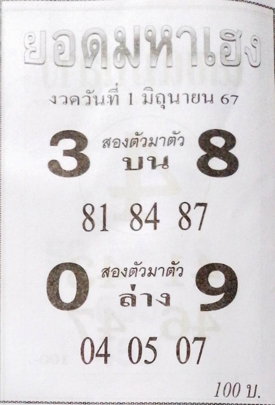 หวยยอดมหาเฮง 1/6/67