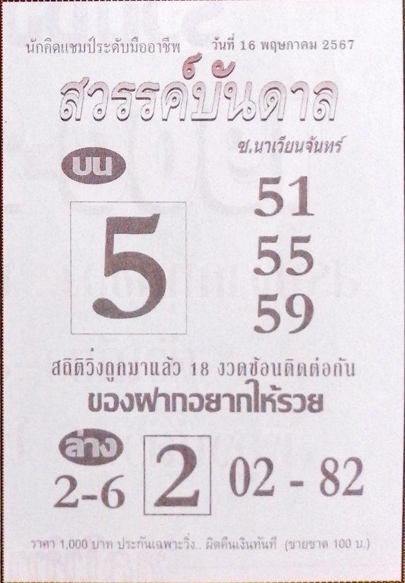 หวยสวรรค์บันดาล 16/5/67