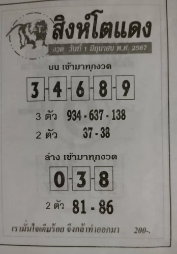 หวยสิงห์โตแดง 1/6/67