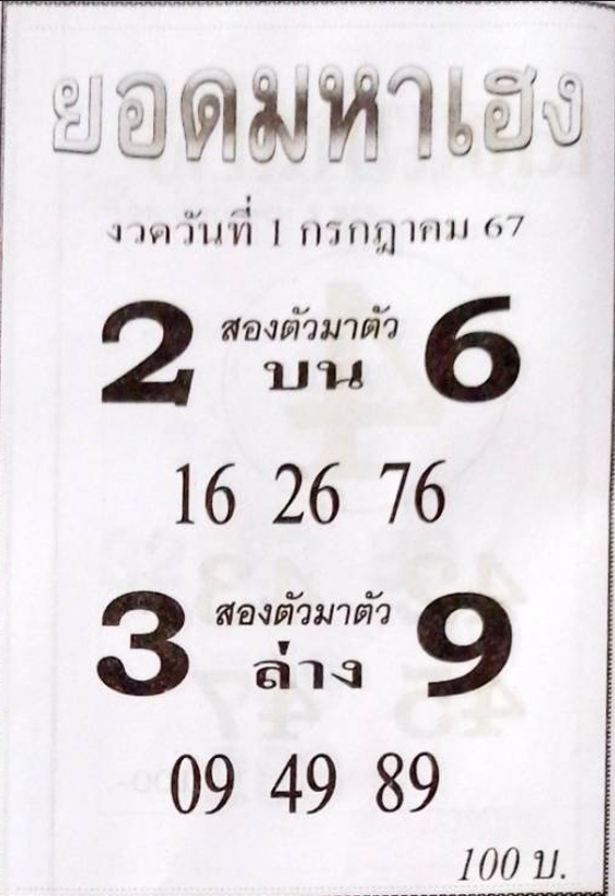 หวยยอดมหาเฮง 1/7/67