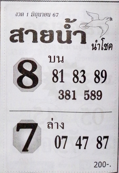 หวยสายน้ำนำโชค 1/6/67