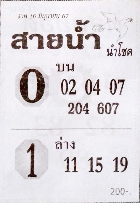 หวยสายน้ำนำโชค 16/6/67