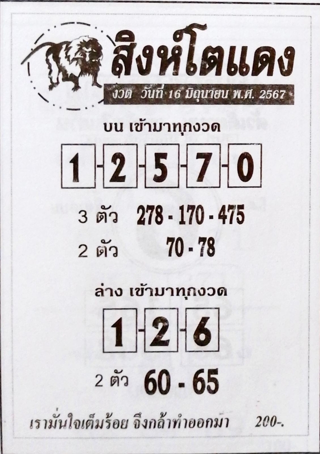 หวยสิงห์โตแดง 16/6/67