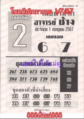 หวยอาจารย์ช้าง 1/7/67