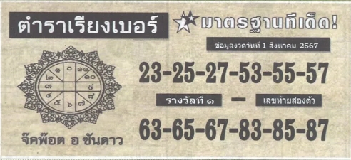 หวยตำราเรียงเบอร์ 1/8/67