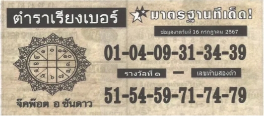 หวยตำราเรียงเบอร์ 16/7/67