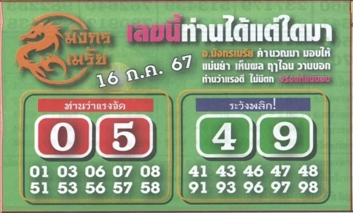 หวยมังกรเมรัย 16/7/67