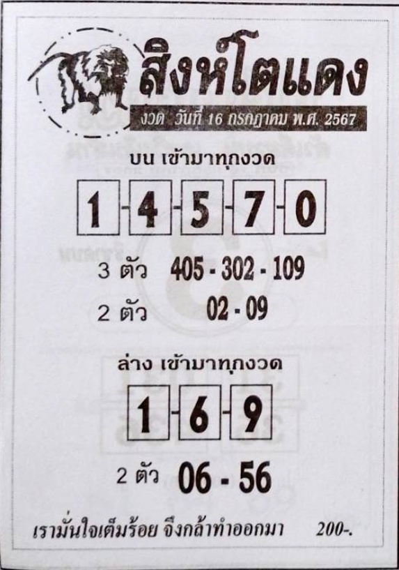 หวยสิงห์โตแดง 16/7/67