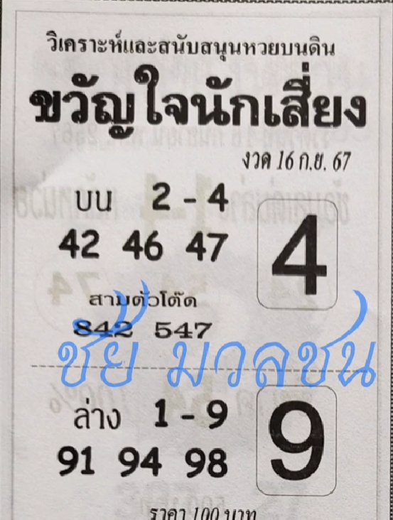 หวยขวัญใจนักเสี่ยง 16/9/67