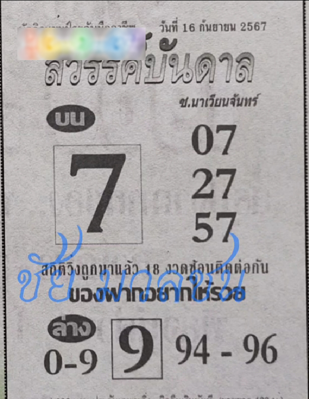 หวยสวรรค์บันดาล 16/9/67