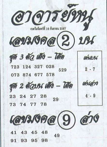 หวยอาจารย์หนู 16/9/67