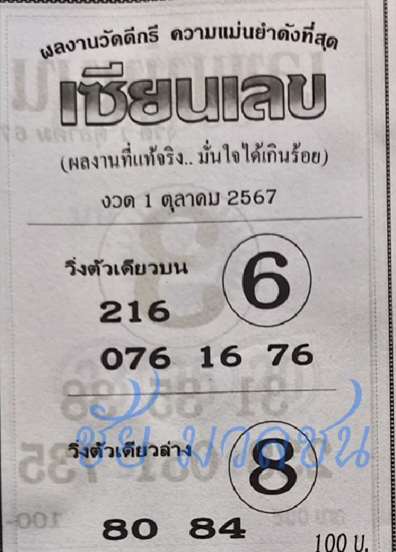 หวยเซียนเลข 1/10/67