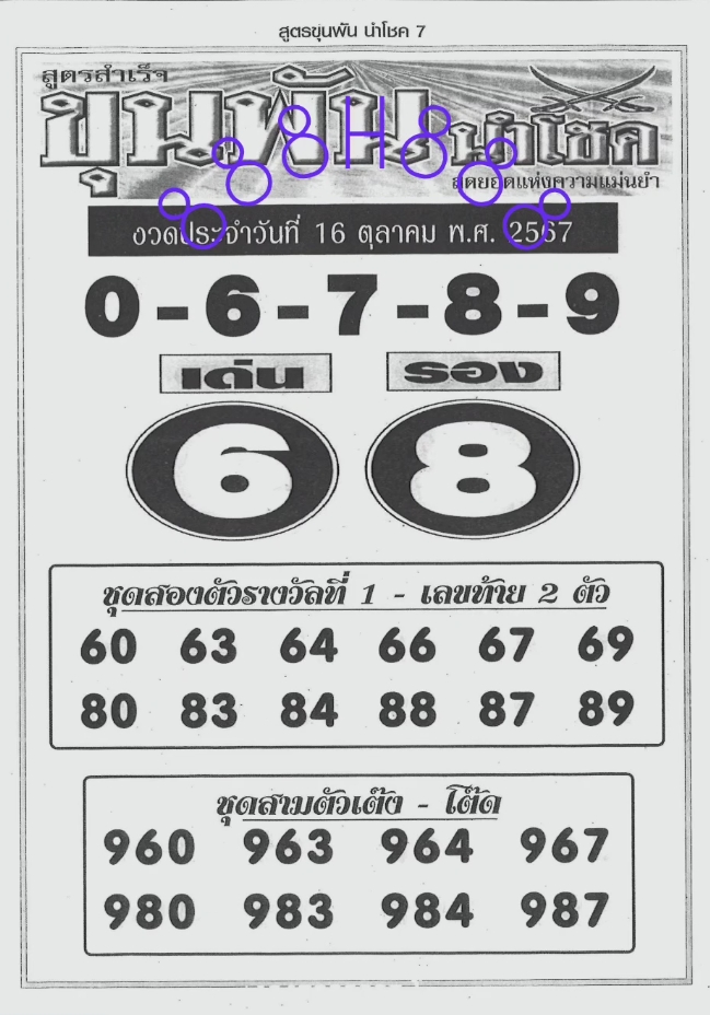 หวยขุนพันนำโชค 16/10/67