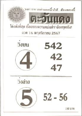 หวยตะวันแดง 16/11/67