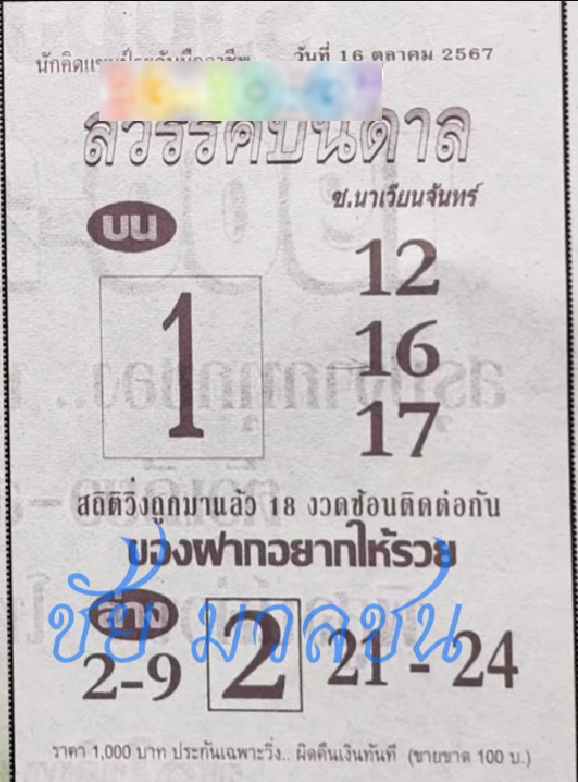 หวยสวรรค์บันดาล 16/10/67