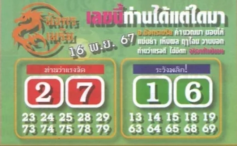 หวยมังกรเมรัย 16/11/67