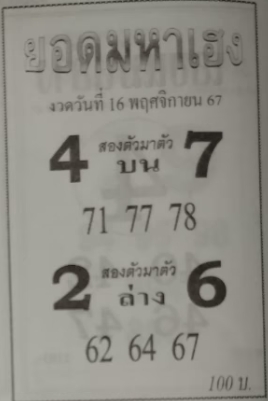 หวยยอดมหาเฮง 16/11/67