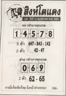 หวยสิงห์โตแดง 16/11/67