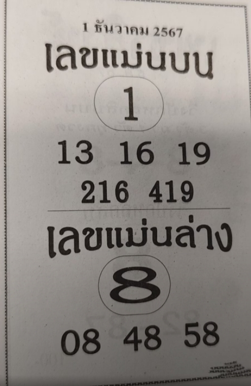 เลขแม่นบน แม่นล่าง 1/12/67