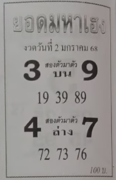 หวยยอดมหาเฮง 2/1/68