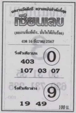 หวยเซียนเลข 16/12/67