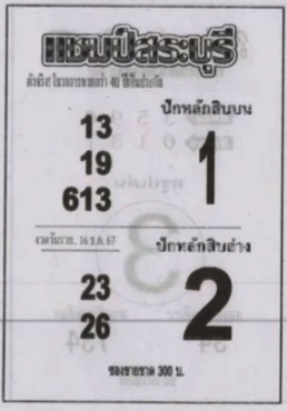 หวยแชมป์สระบุรี 16/12/67