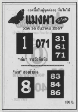 หวยแมงผา 16/12/67