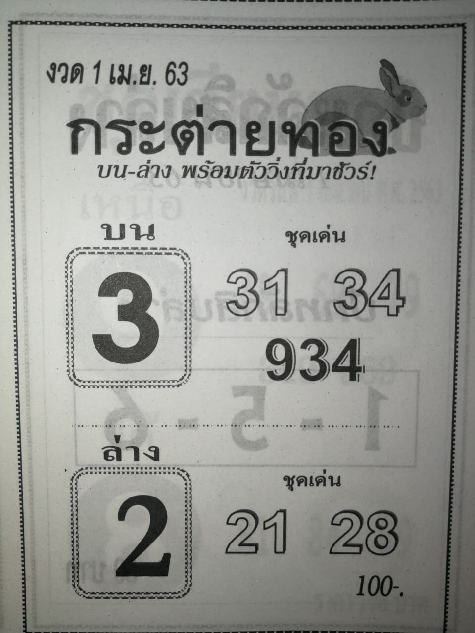 หวยกระต่ายทอง 2/5/63