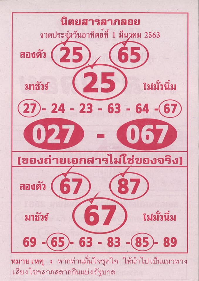 หวยลาภลอย 1/3/63