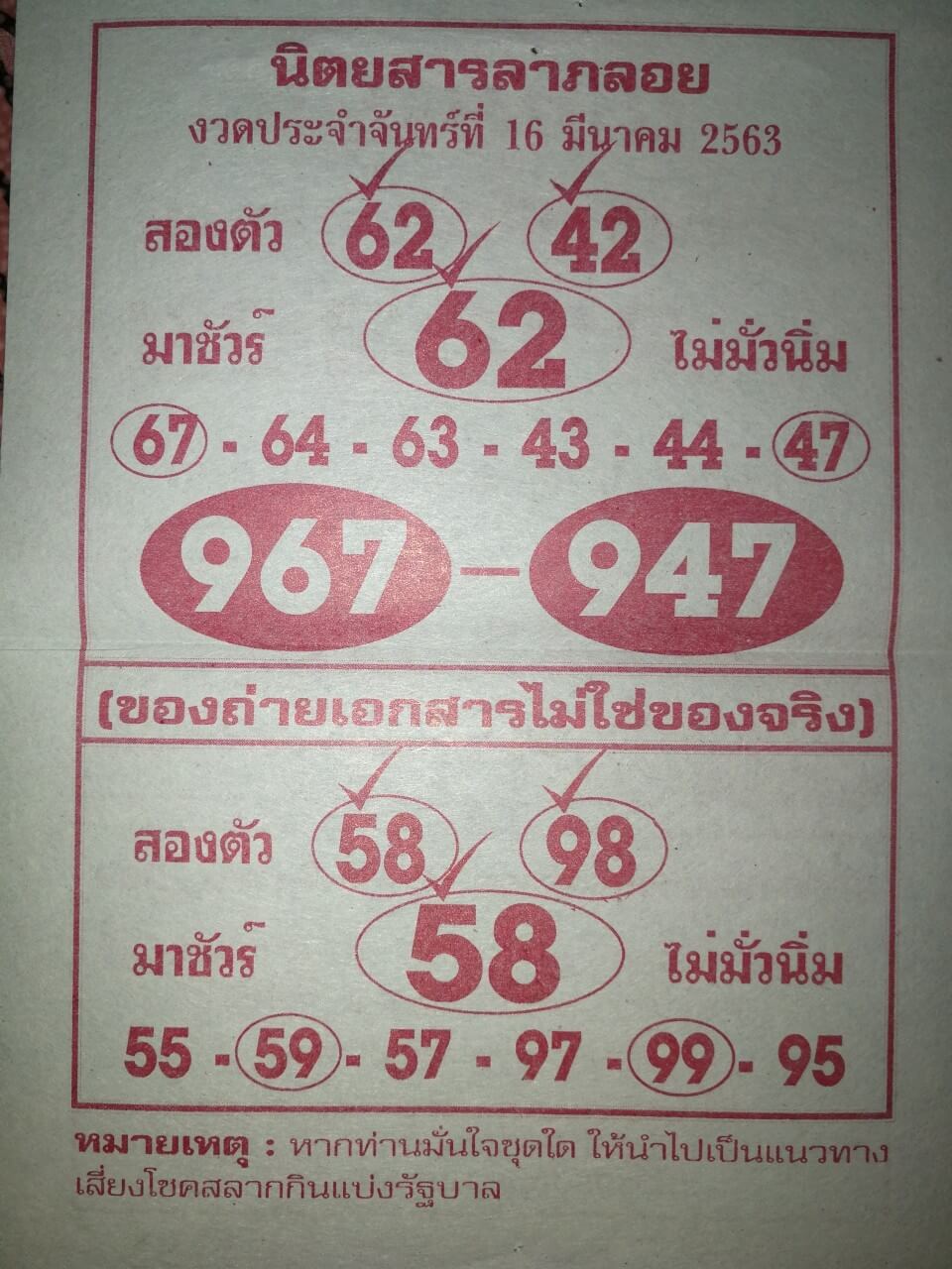 หวยลาภลอย 16/3/63