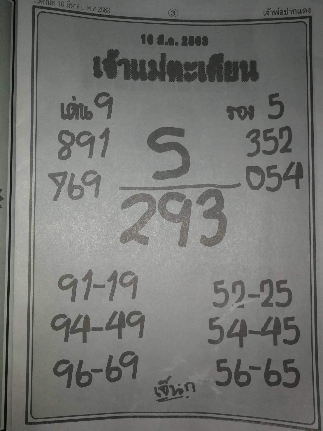 หวยเจ้าแม่ตะเคียน 16/3/63