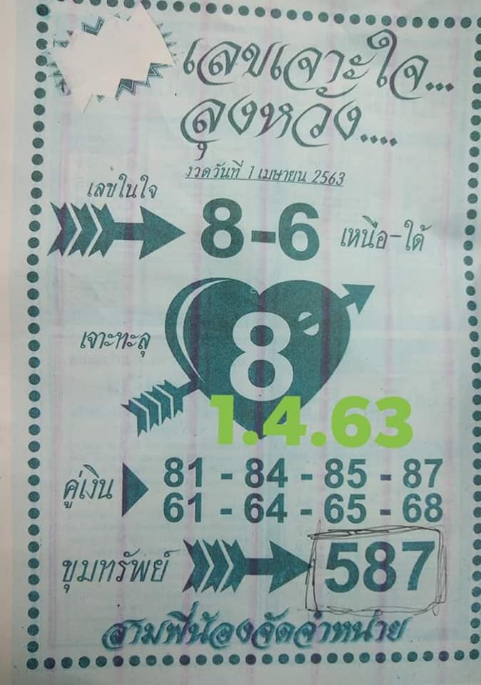 หวยเลขเจาะใจลุงหวัง 1/4/63